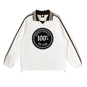Contrast Striped Lapel Collar Sweatshirt - Perfection is a 100% Scam (Design Noir)