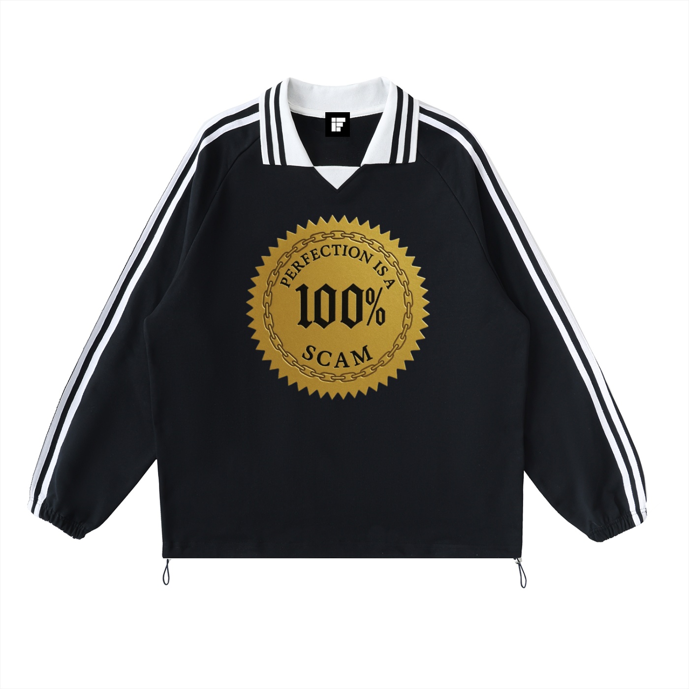 Sweat-shirt à col à revers rayé contrasté – Perfection is a 100% Scam (Design Doré)