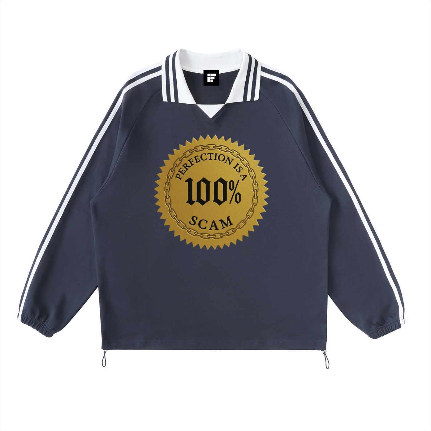 Sweat-shirt à col à revers rayé contrasté – Perfection is a 100% Scam (Design Doré)